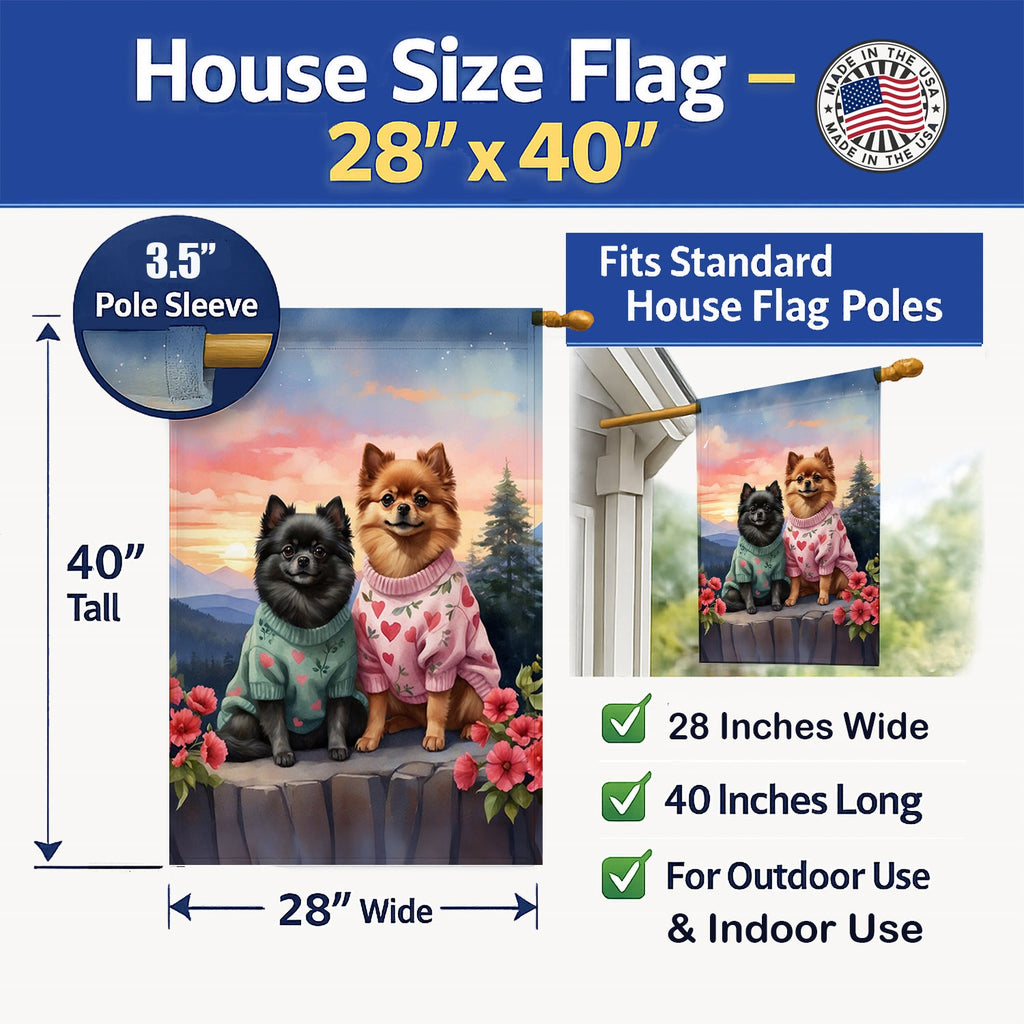 Pomeranian Two Hearts House Flag 28x40 Porch Sleeve Pole Decorative Outside Yard Banner Artwork Wall Hanging, Polyester