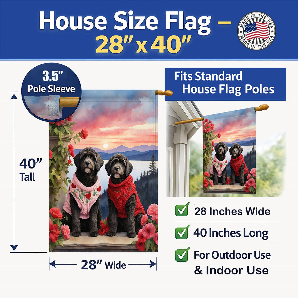 Portuguese Water Dog Two Hearts House Flag 28x40 Porch Sleeve Pole Decorative Outside Yard Banner Artwork Wall Hanging, Polyester