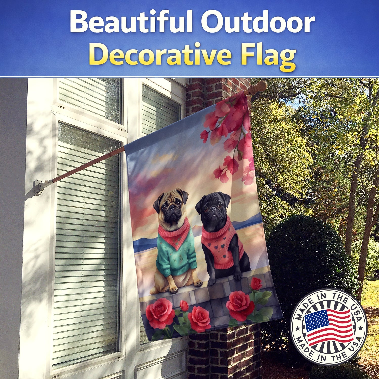 Pug Two Hearts House Flag 28x40 Porch Sleeve Pole Decorative Outside Yard Banner Artwork Wall Hanging, Polyester