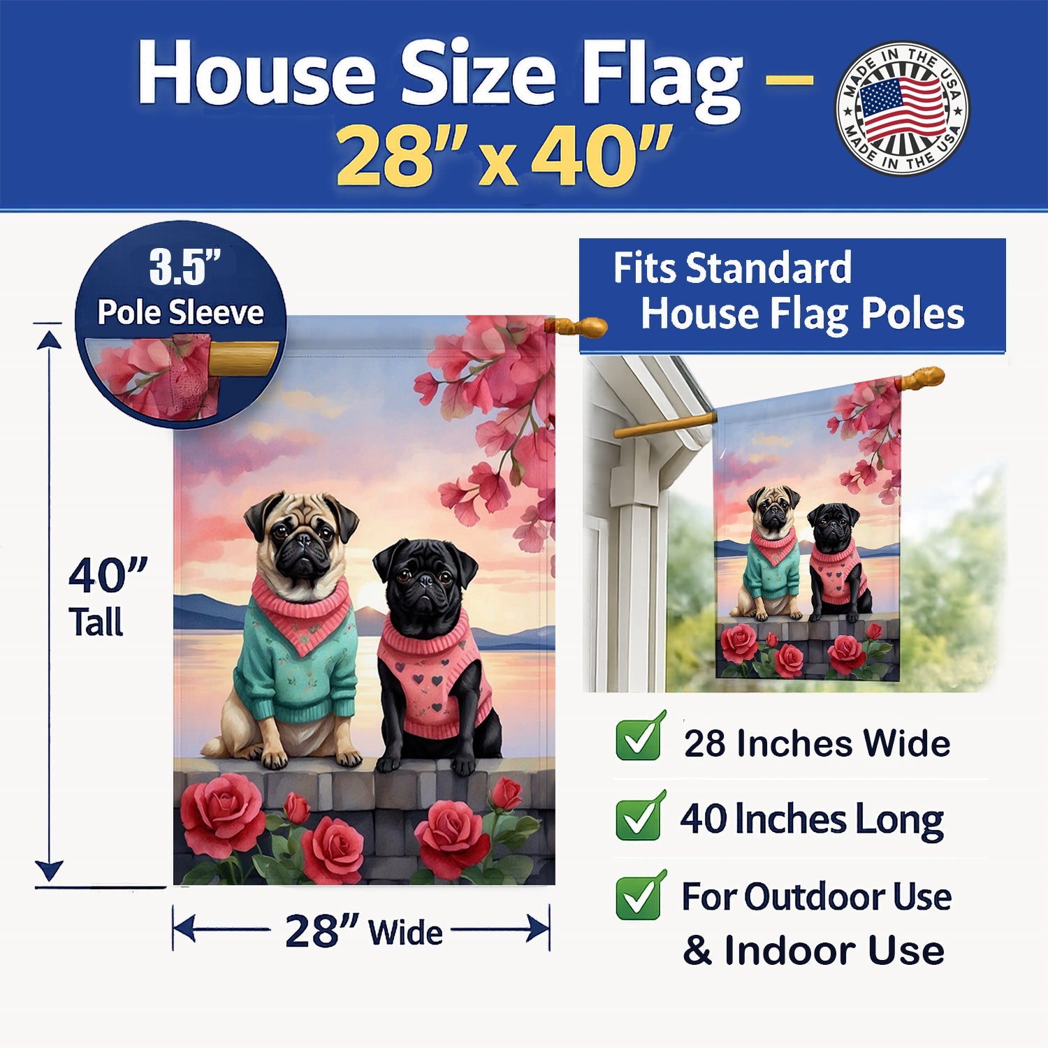 Pug Two Hearts House Flag 28x40 Porch Sleeve Pole Decorative Outside Yard Banner Artwork Wall Hanging, Polyester