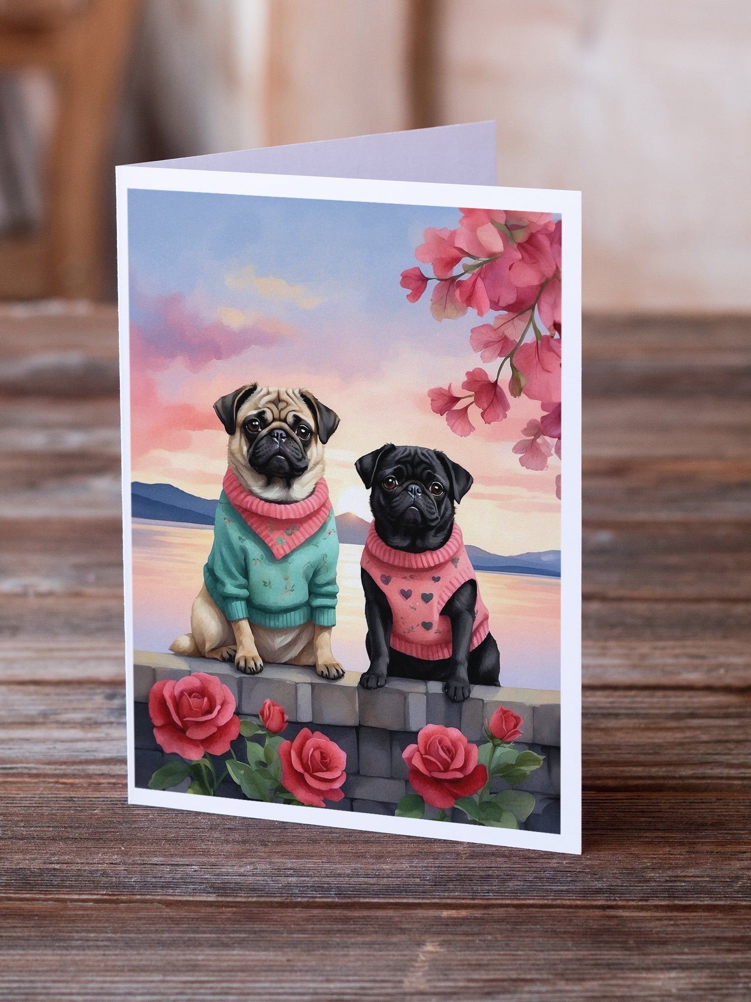Pug Two Hearts Greeting Cards Pack of 8 Blank Cards with Envelopes Whimsical A7 Size 5x7