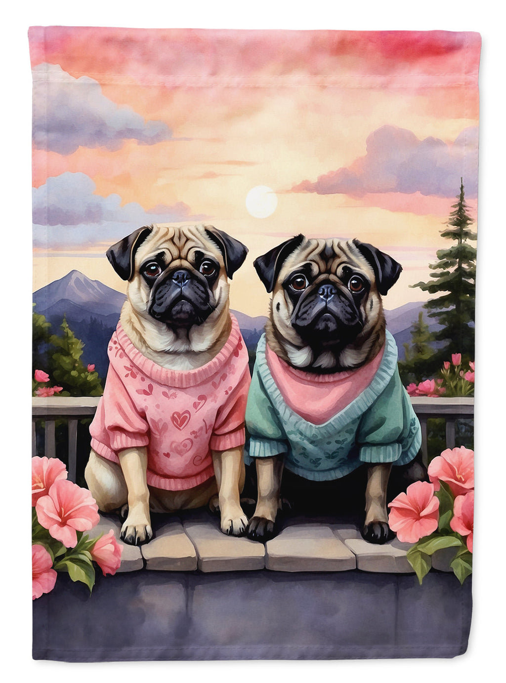 Pug Two Hearts House Flag 28x40 Porch Sleeve Pole Decorative Outside Yard Banner Artwork Wall Hanging, Polyester
