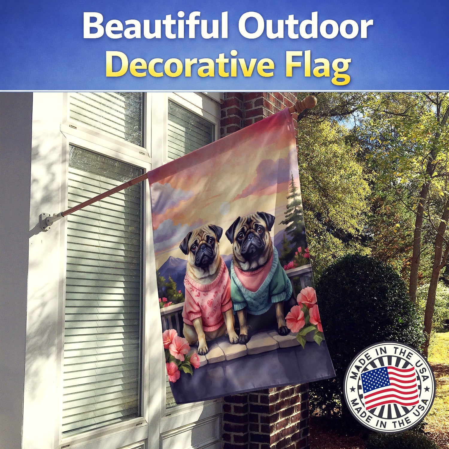 Pug Two Hearts House Flag 28x40 Porch Sleeve Pole Decorative Outside Yard Banner Artwork Wall Hanging, Polyester