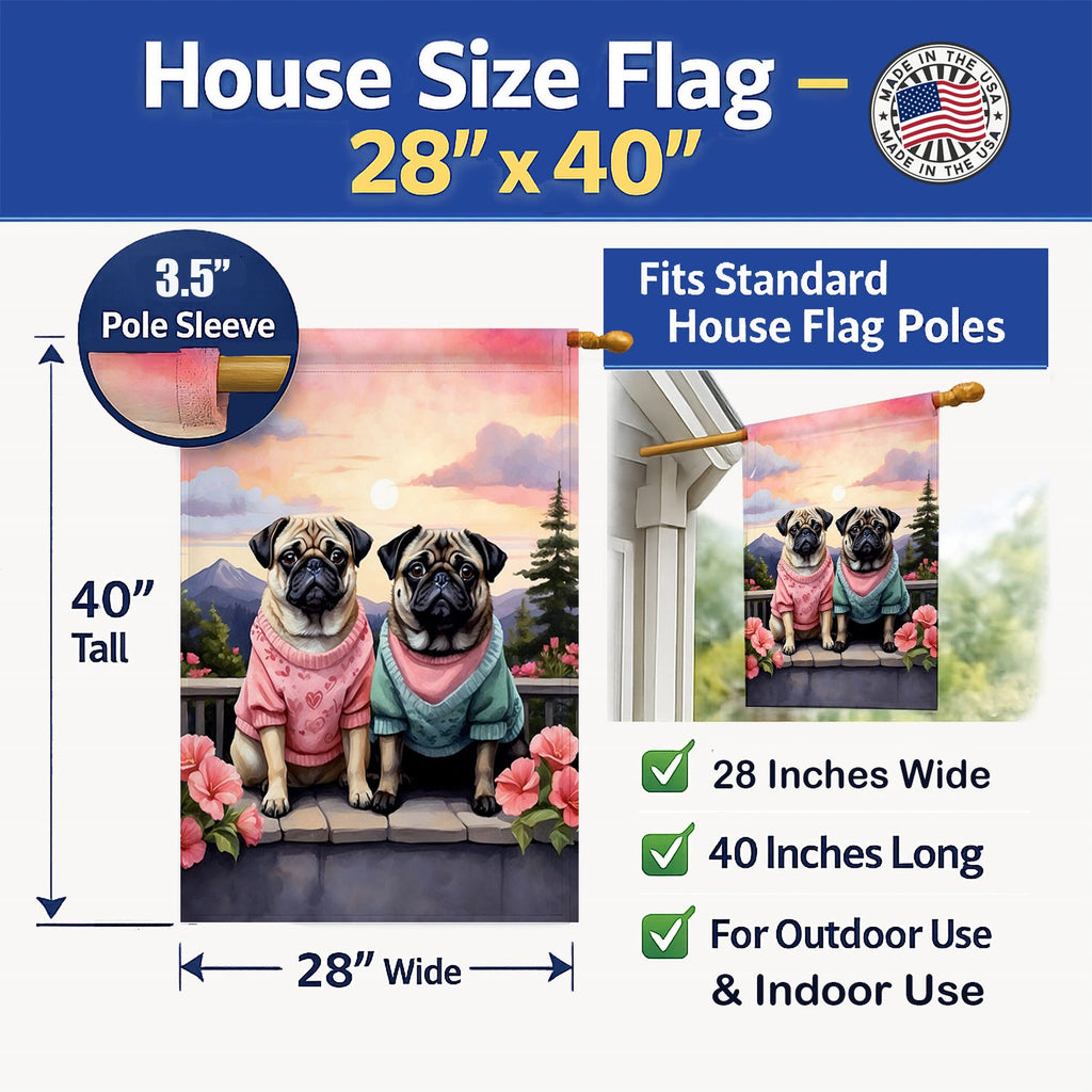 Pug Two Hearts House Flag 28x40 Porch Sleeve Pole Decorative Outside Yard Banner Artwork Wall Hanging, Polyester