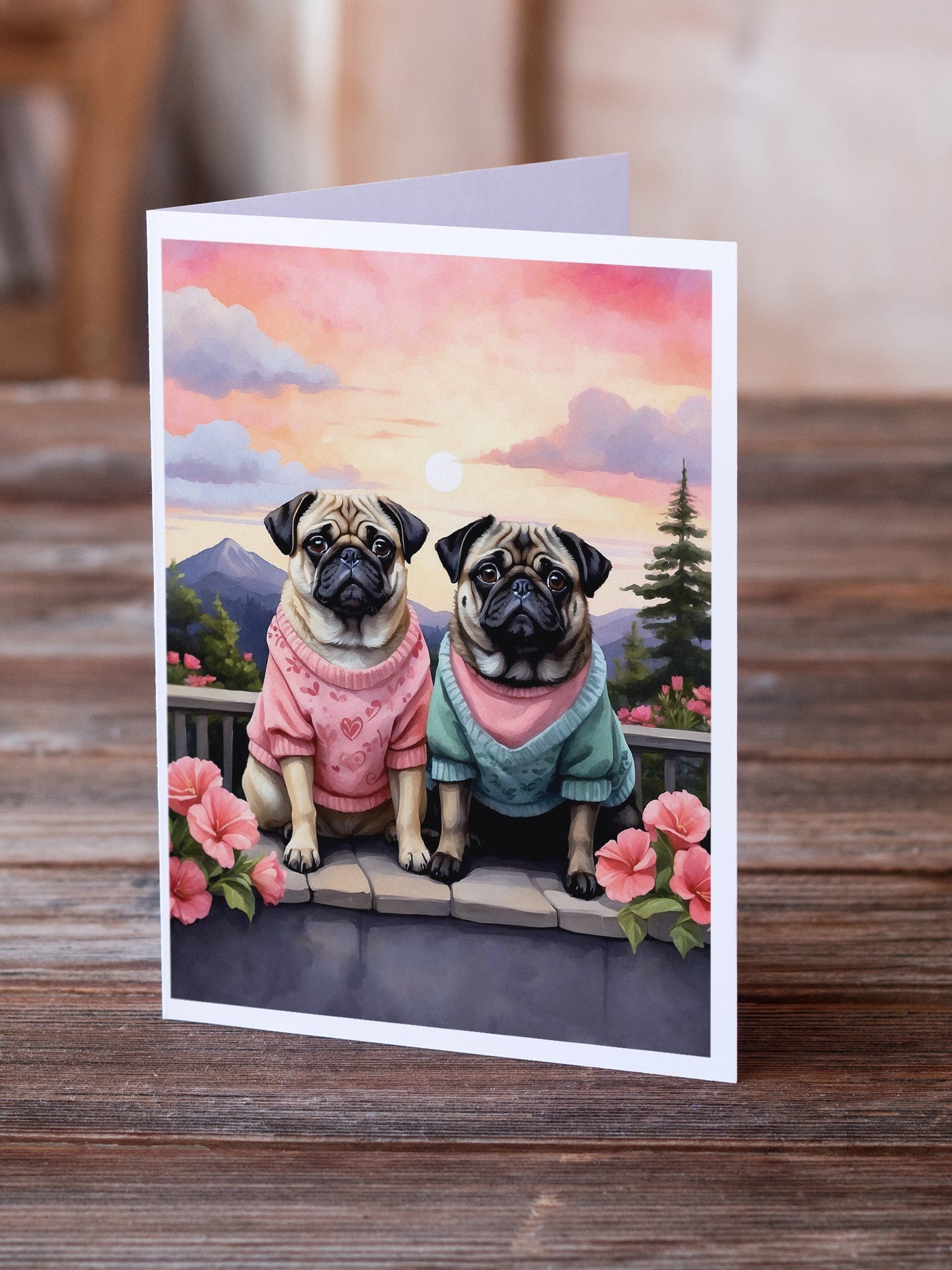 Pug Two Hearts Greeting Cards Pack of 8 Blank Cards with Envelopes Whimsical A7 Size 5x7
