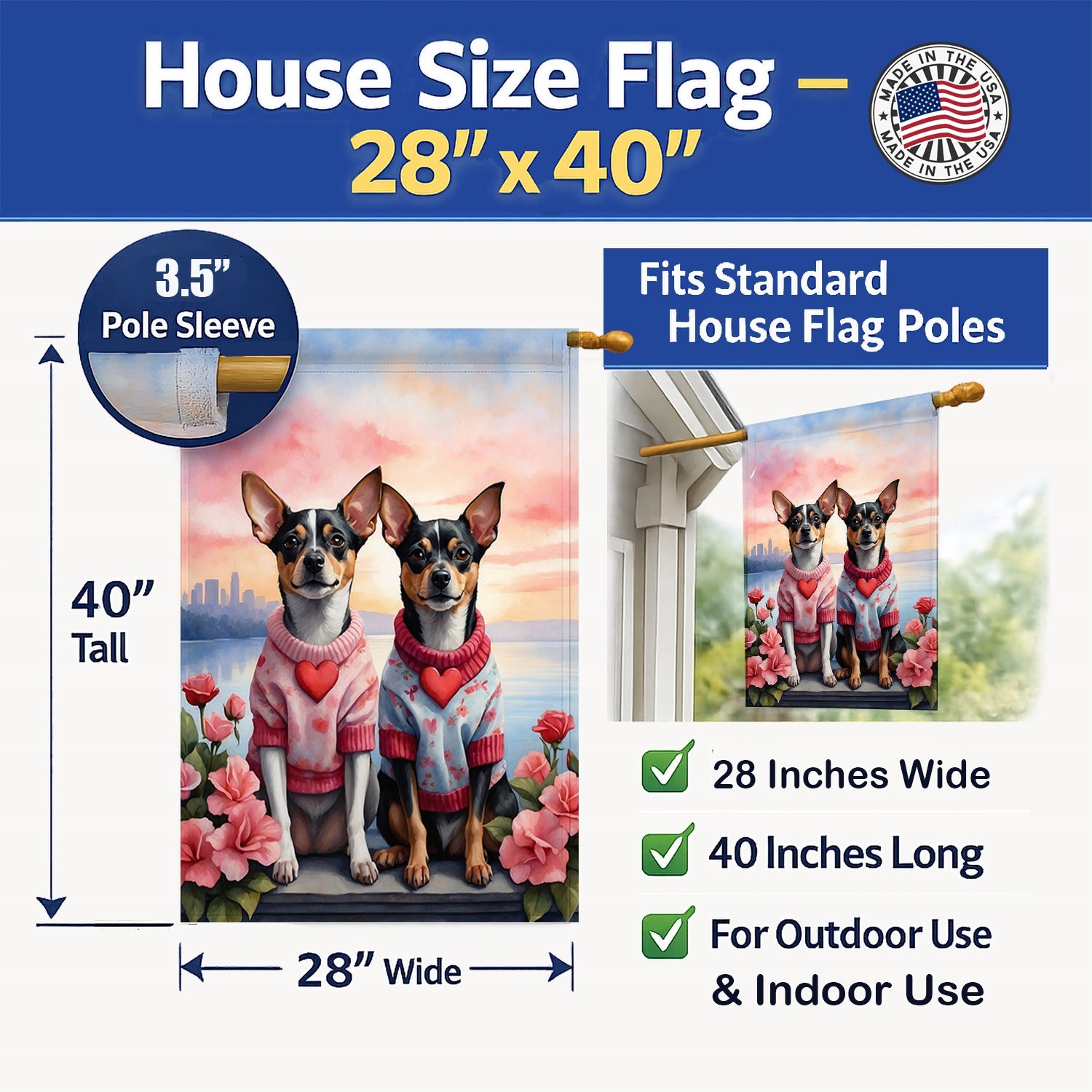 Rat Terrier Two Hearts House Flag 28x40 Porch Sleeve Pole Decorative Outside Yard Banner Artwork Wall Hanging, Polyester