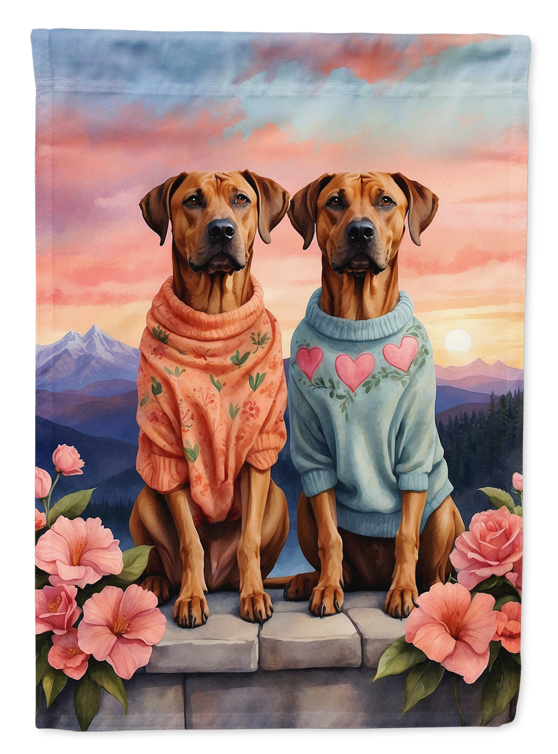 Rhodesian Ridgeback Two Hearts House Flag 28x40 Porch Sleeve Pole Decorative Outside Yard Banner Artwork Wall Hanging, Polyester