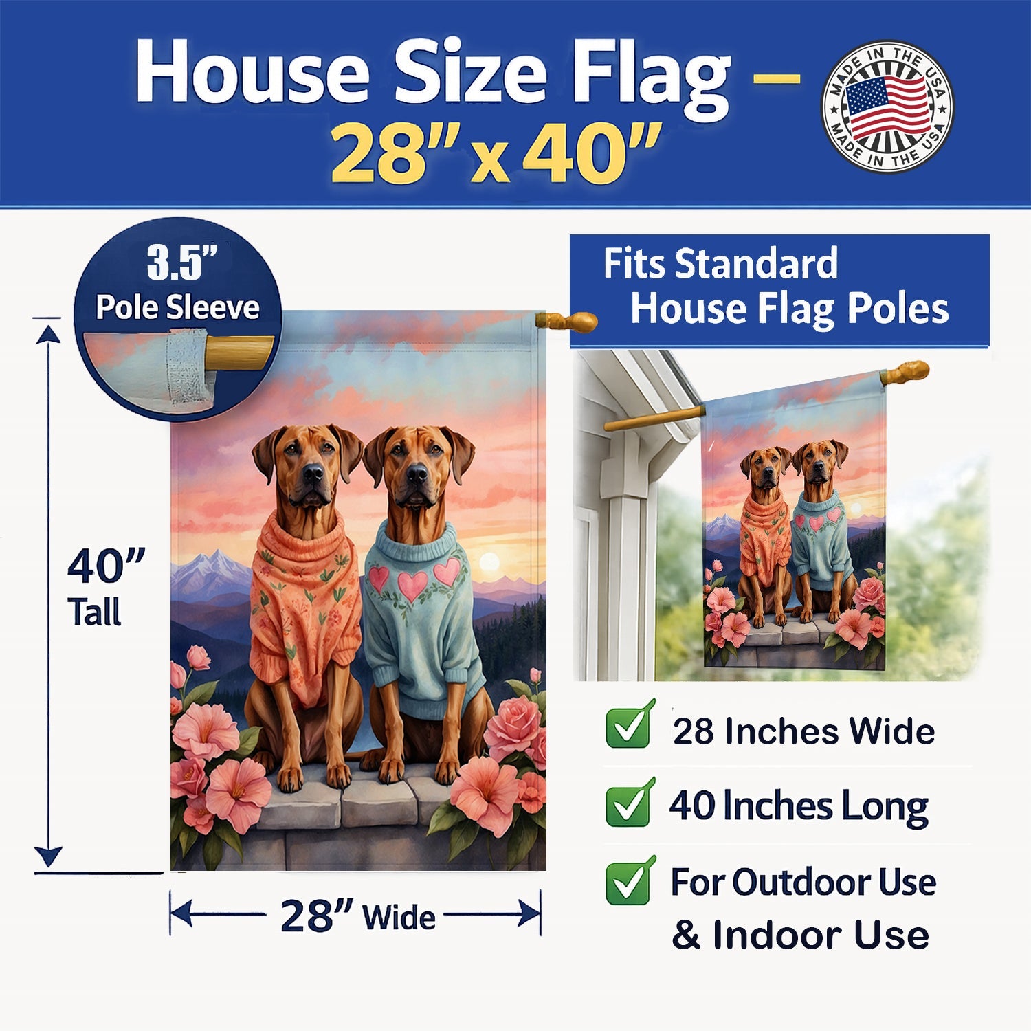 Rhodesian Ridgeback Two Hearts House Flag 28x40 Porch Sleeve Pole Decorative Outside Yard Banner Artwork Wall Hanging, Polyester