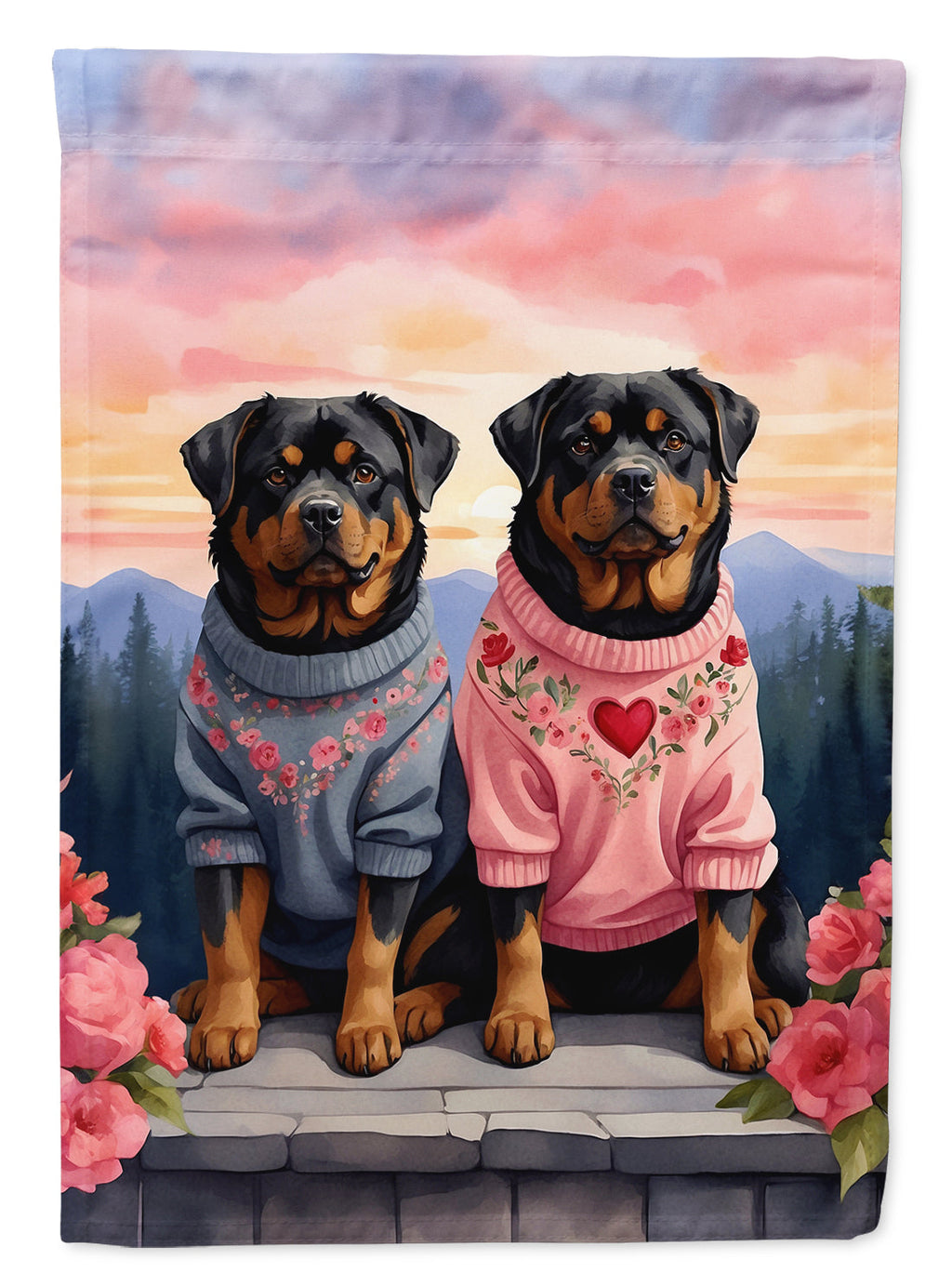 Rottweiler Two Hearts House Flag 28x40 Porch Sleeve Pole Decorative Outside Yard Banner Artwork Wall Hanging, Polyester