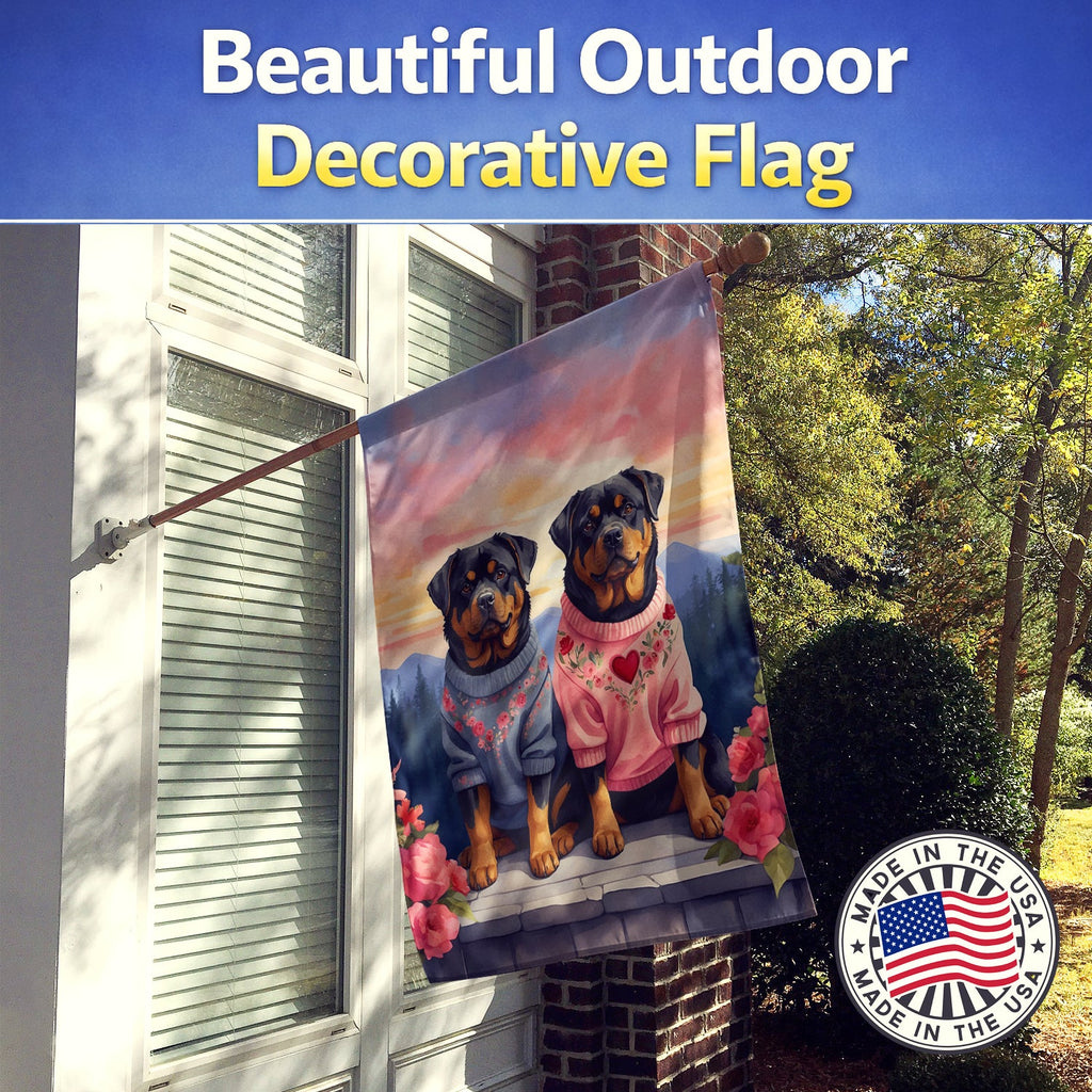 Rottweiler Two Hearts House Flag 28x40 Porch Sleeve Pole Decorative Outside Yard Banner Artwork Wall Hanging, Polyester