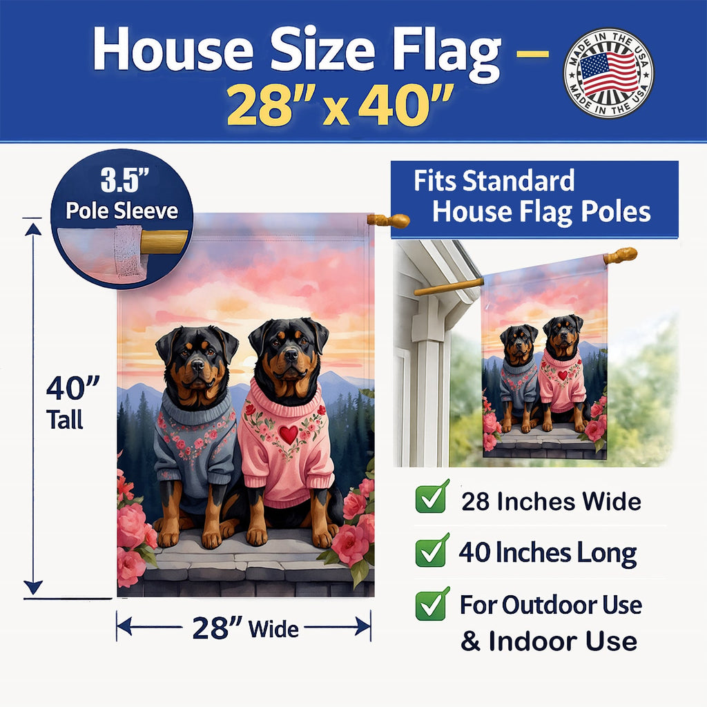 Rottweiler Two Hearts House Flag 28x40 Porch Sleeve Pole Decorative Outside Yard Banner Artwork Wall Hanging, Polyester