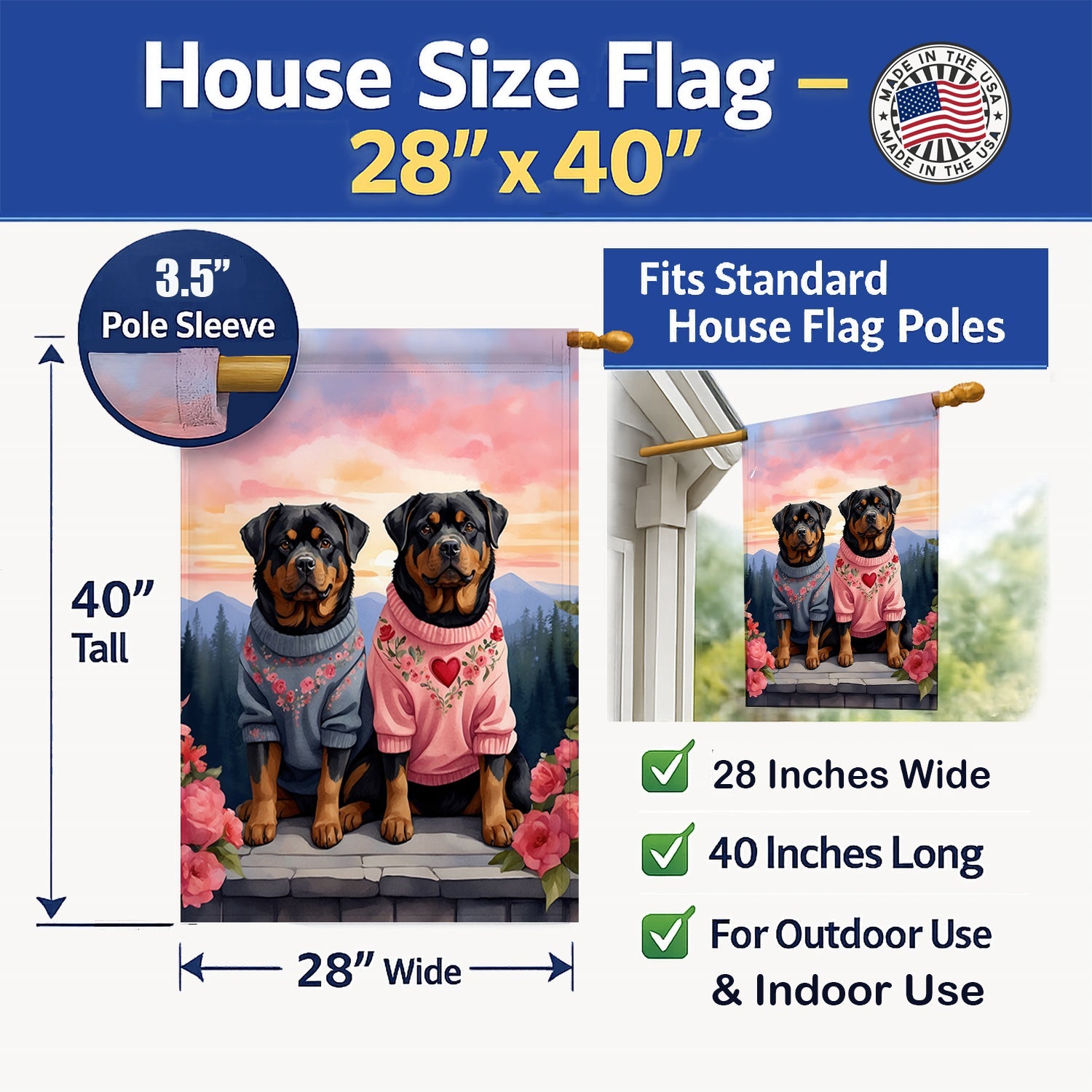 Rottweiler Two Hearts House Flag 28x40 Porch Sleeve Pole Decorative Outside Yard Banner Artwork Wall Hanging, Polyester