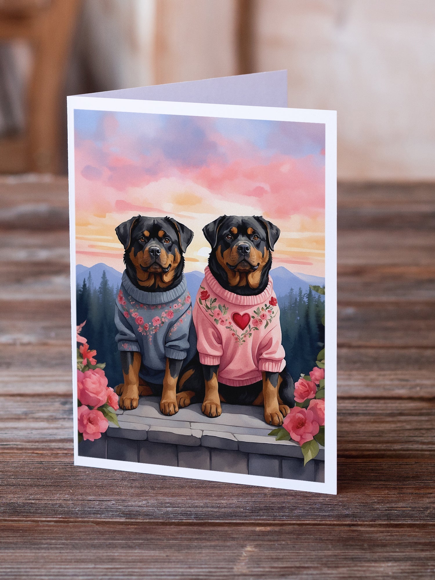 Rottweiler Two Hearts Greeting Cards Pack of 8 Blank Cards with Envelopes Whimsical A7 Size 5x7