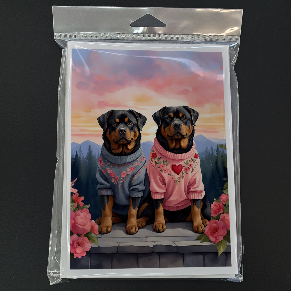 Rottweiler Two Hearts Greeting Cards Pack of 8 Blank Cards with Envelopes Whimsical A7 Size 5x7