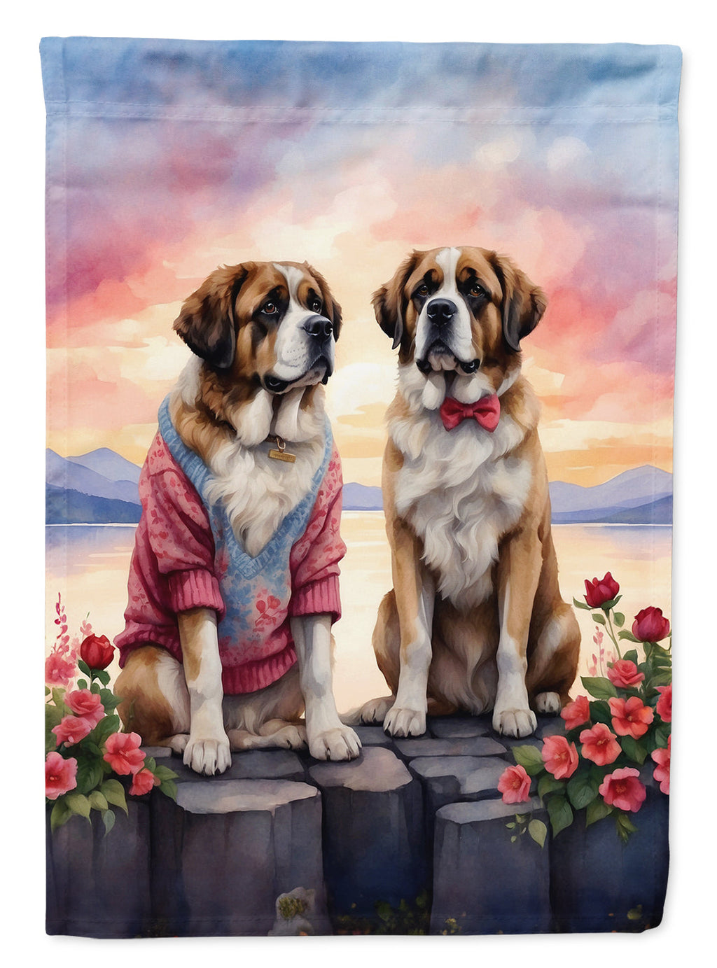 Saint Bernard Two Hearts House Flag 28x40 Porch Sleeve Pole Decorative Outside Yard Banner Artwork Wall Hanging, Polyester