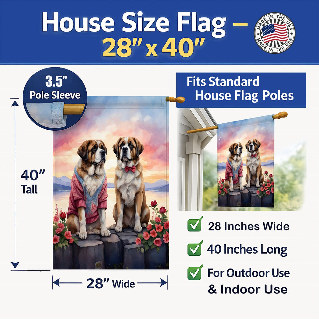 Saint Bernard Two Hearts House Flag 28x40 Porch Sleeve Pole Decorative Outside Yard Banner Artwork Wall Hanging, Polyester