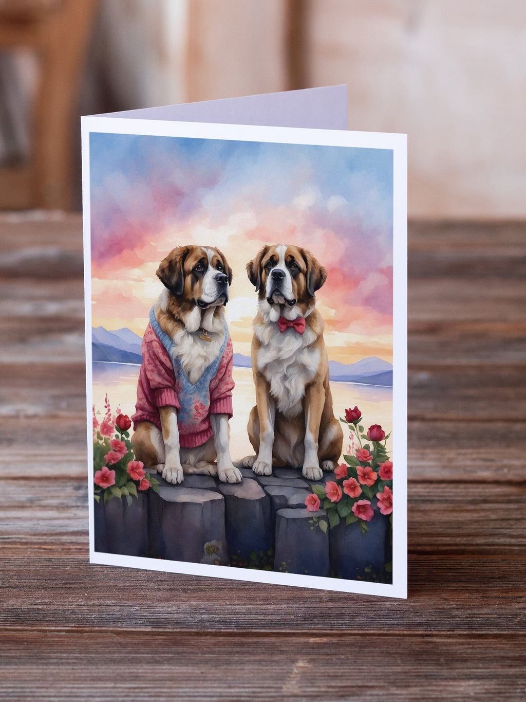 Saint Bernard Two Hearts Greeting Cards Pack of 8 Blank Cards with Envelopes Whimsical A7 Size 5x7