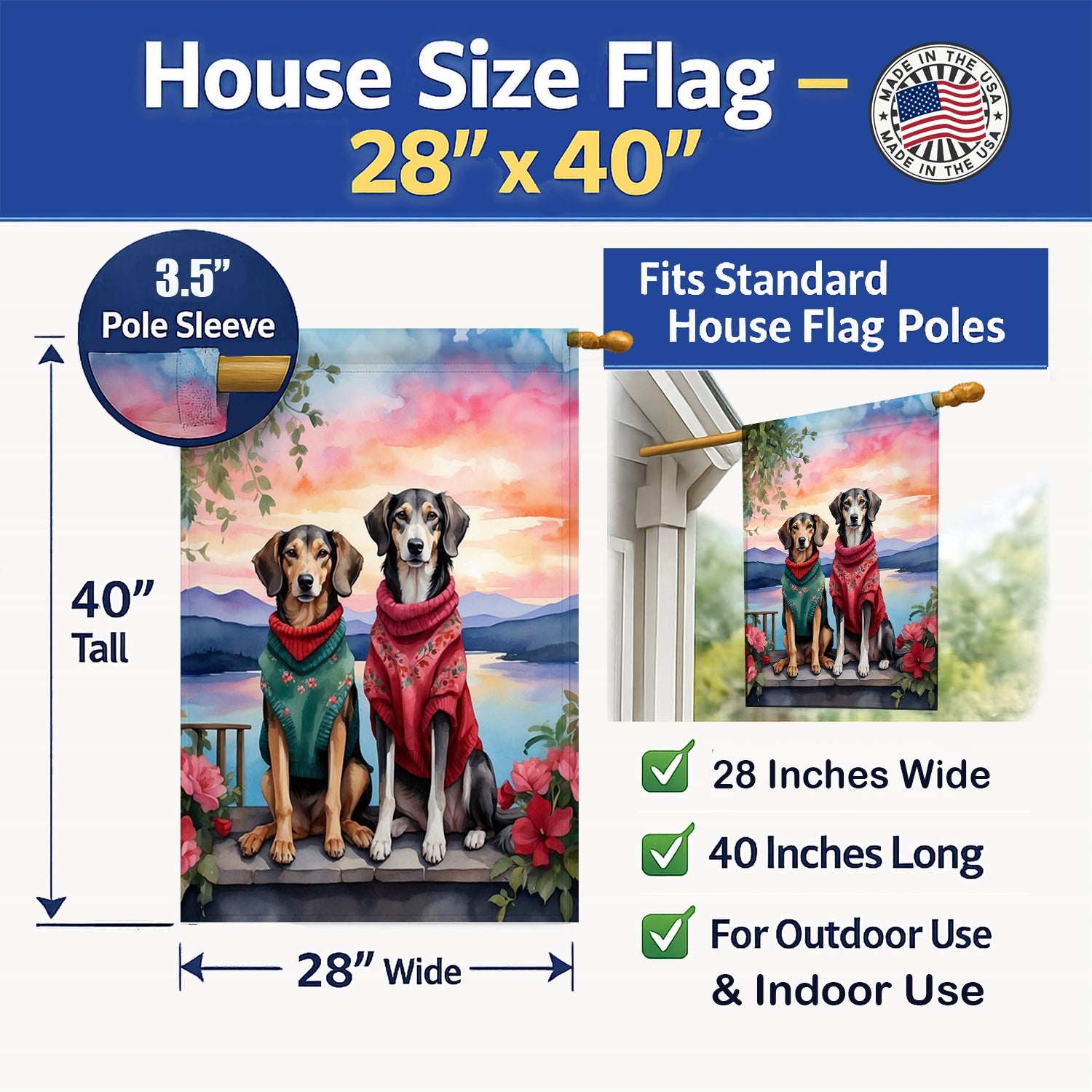 Saluki Two Hearts House Flag 28x40 Porch Sleeve Pole Decorative Outside Yard Banner Artwork Wall Hanging, Polyester