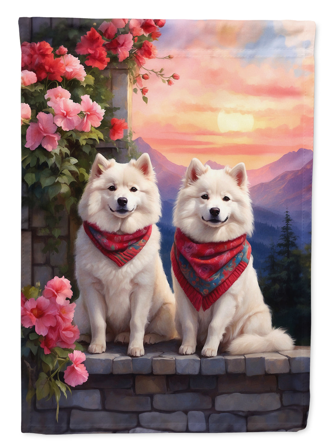 Samoyed Two Hearts House Flag 28x40 Porch Sleeve Pole Decorative Outside Yard Banner Artwork Wall Hanging, Polyester