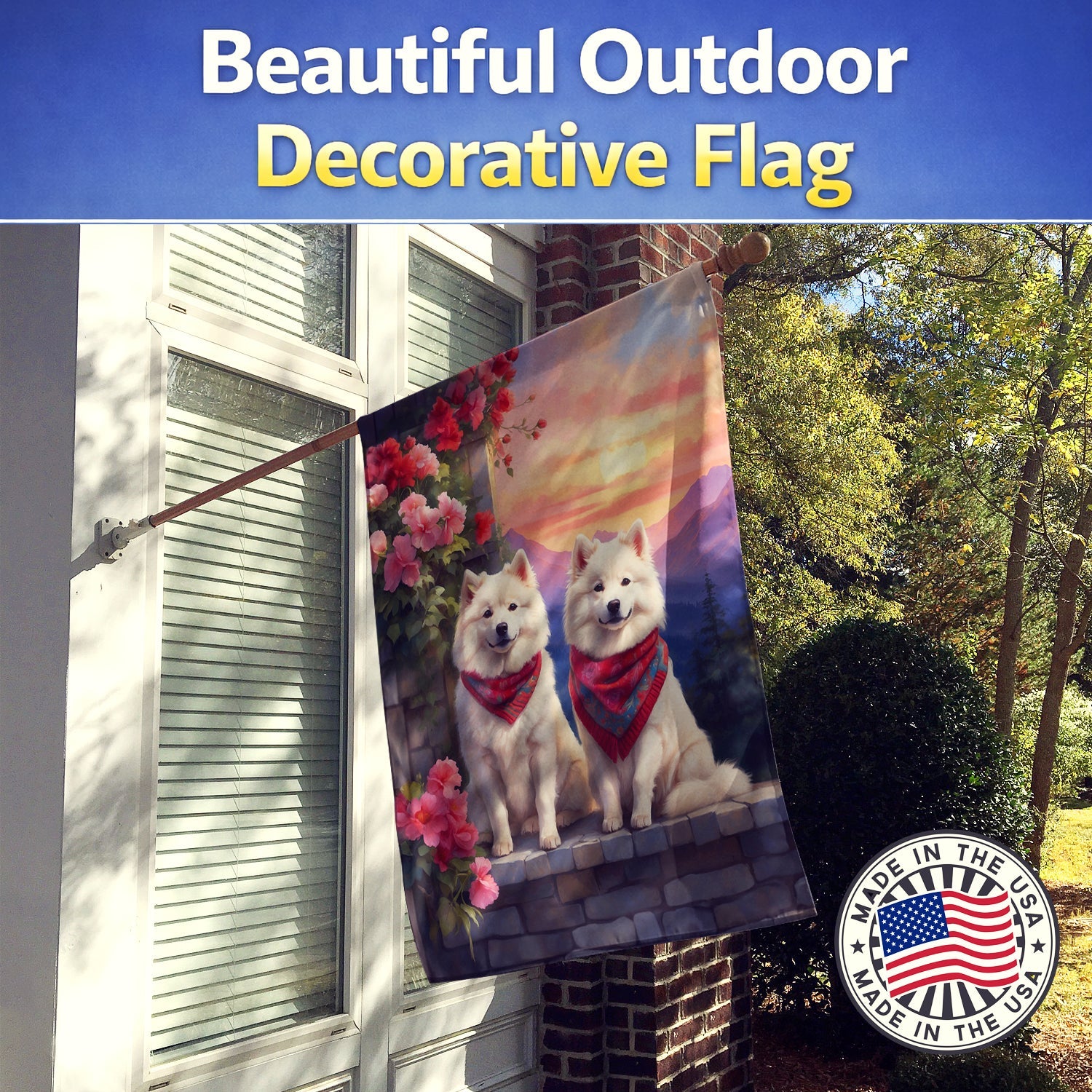 Samoyed Two Hearts House Flag 28x40 Porch Sleeve Pole Decorative Outside Yard Banner Artwork Wall Hanging, Polyester