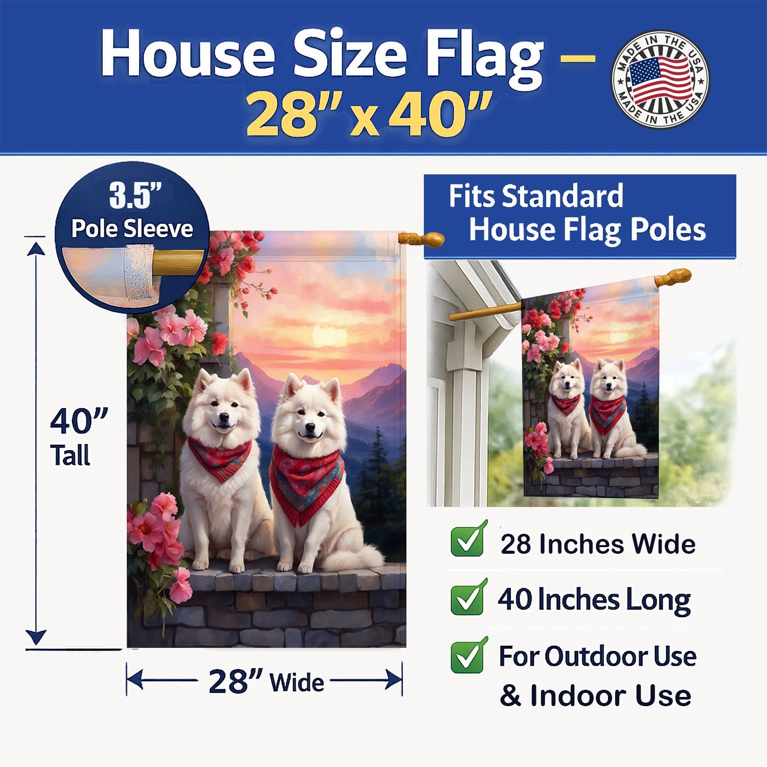 Samoyed Two Hearts House Flag 28x40 Porch Sleeve Pole Decorative Outside Yard Banner Artwork Wall Hanging, Polyester
