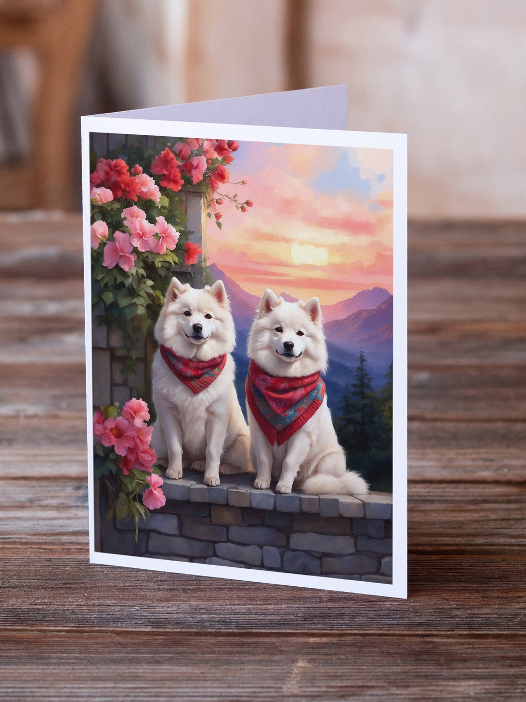 Samoyed Two Hearts Greeting Cards Pack of 8 Blank Cards with Envelopes Whimsical A7 Size 5x7
