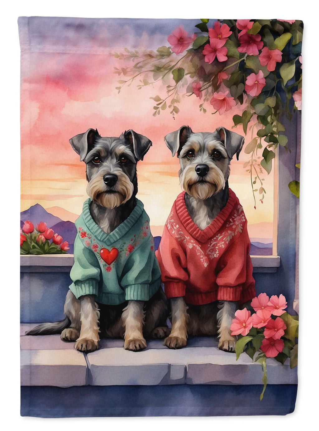 Schnauzer Two Hearts House Flag 28x40 Porch Sleeve Pole Decorative Outside Yard Banner Artwork Wall Hanging, Polyester