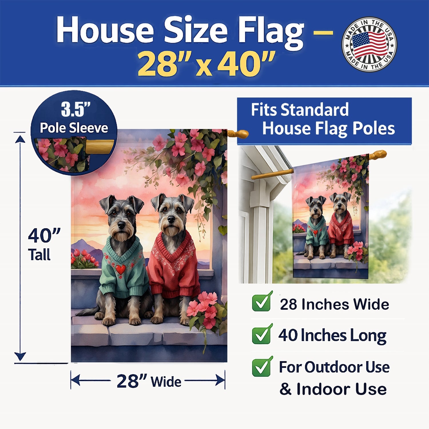 Schnauzer Two Hearts House Flag 28x40 Porch Sleeve Pole Decorative Outside Yard Banner Artwork Wall Hanging, Polyester