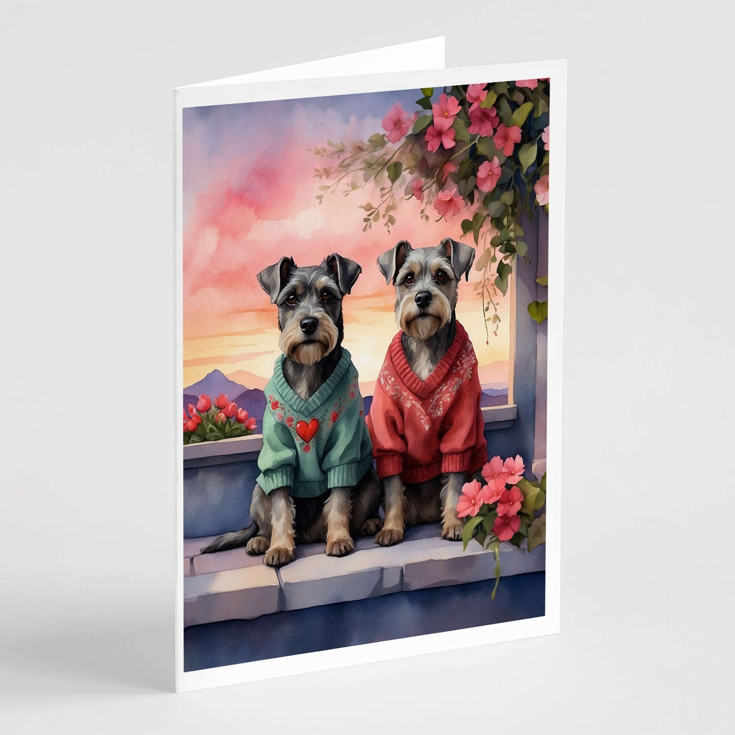 Schnauzer Two Hearts Greeting Cards Pack of 8 Blank Cards with Envelopes Whimsical A7 Size 5x7