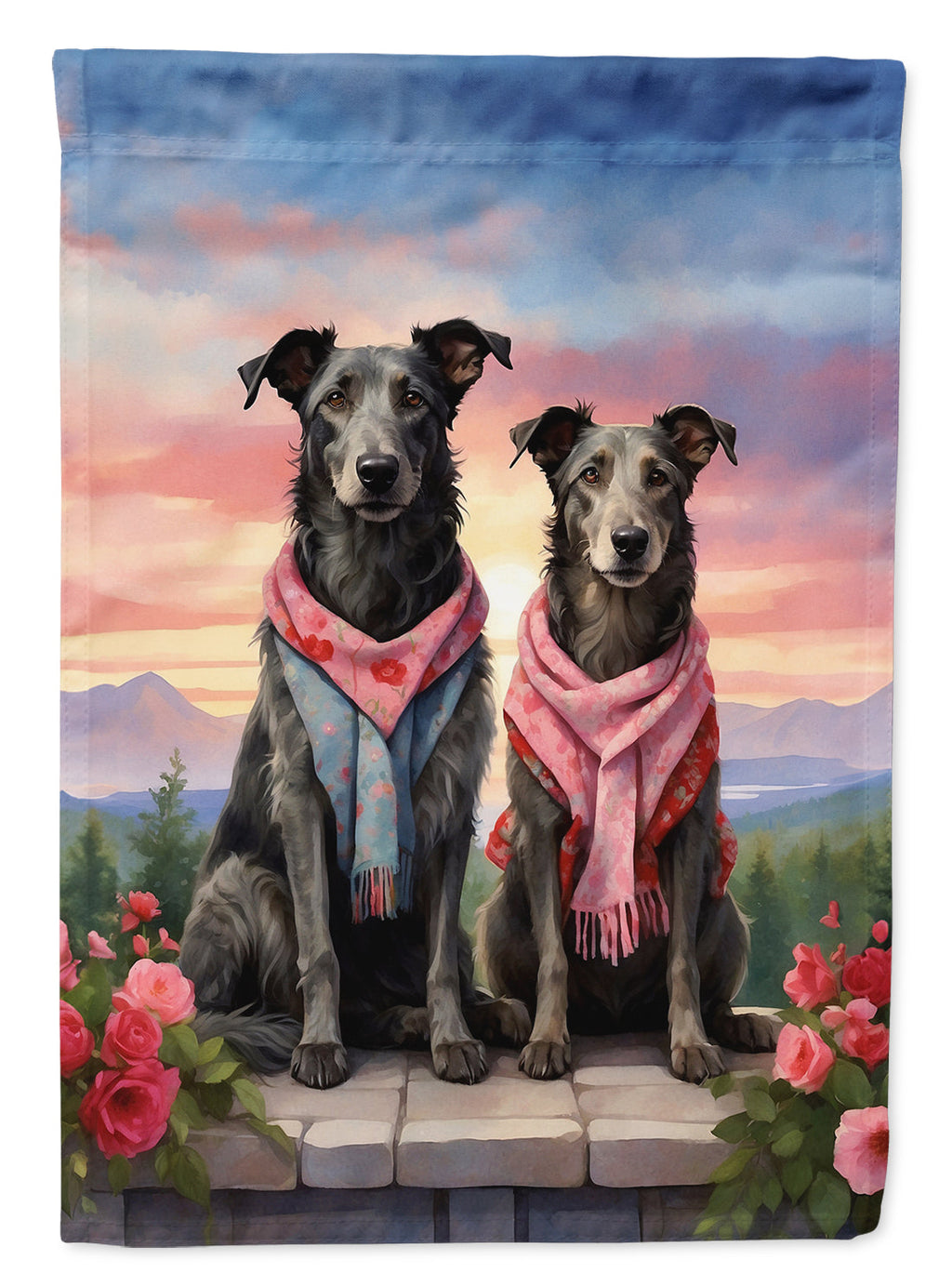 Scottish Deerhound Two Hearts House Flag 28x40 Porch Sleeve Pole Decorative Outside Yard Banner Artwork Wall Hanging, Polyester