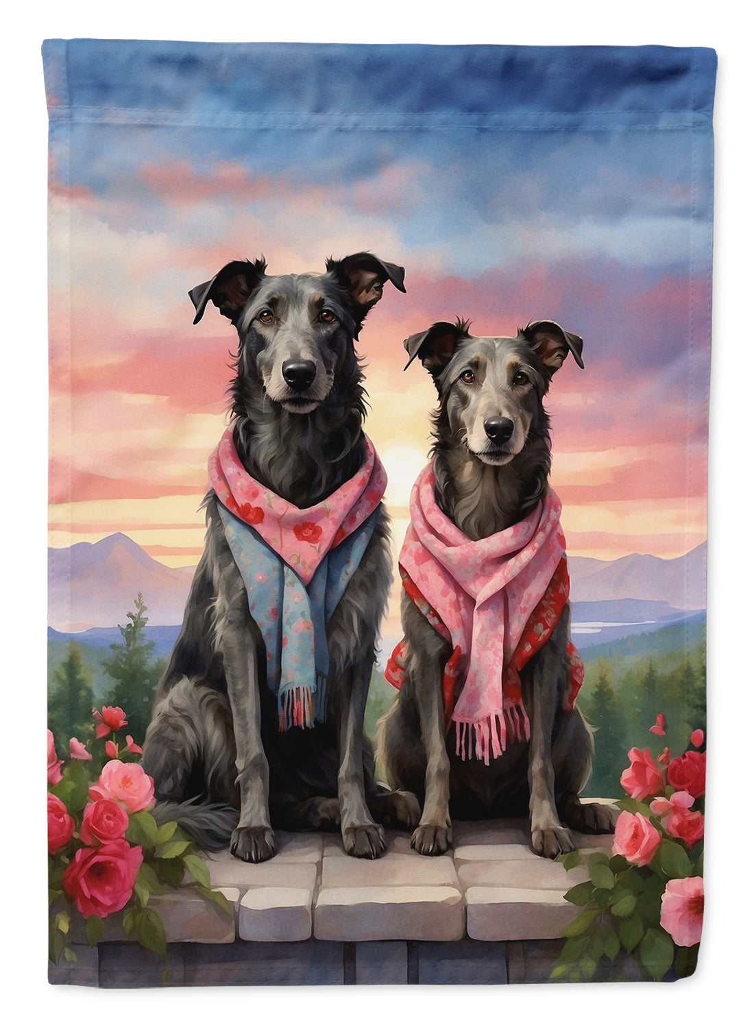 Scottish Deerhound Two Hearts House Flag 28x40 Porch Sleeve Pole Decorative Outside Yard Banner Artwork Wall Hanging, Polyester