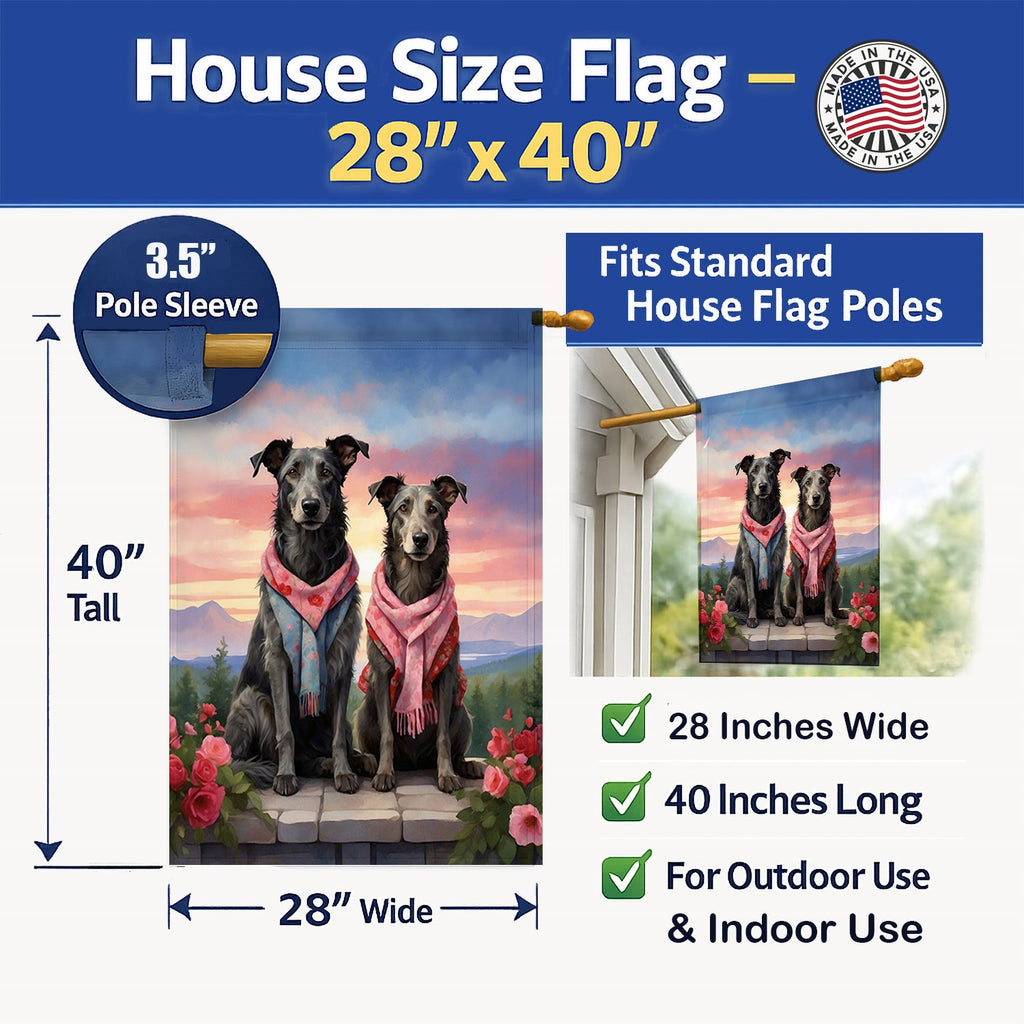 Scottish Deerhound Two Hearts House Flag 28x40 Porch Sleeve Pole Decorative Outside Yard Banner Artwork Wall Hanging, Polyester