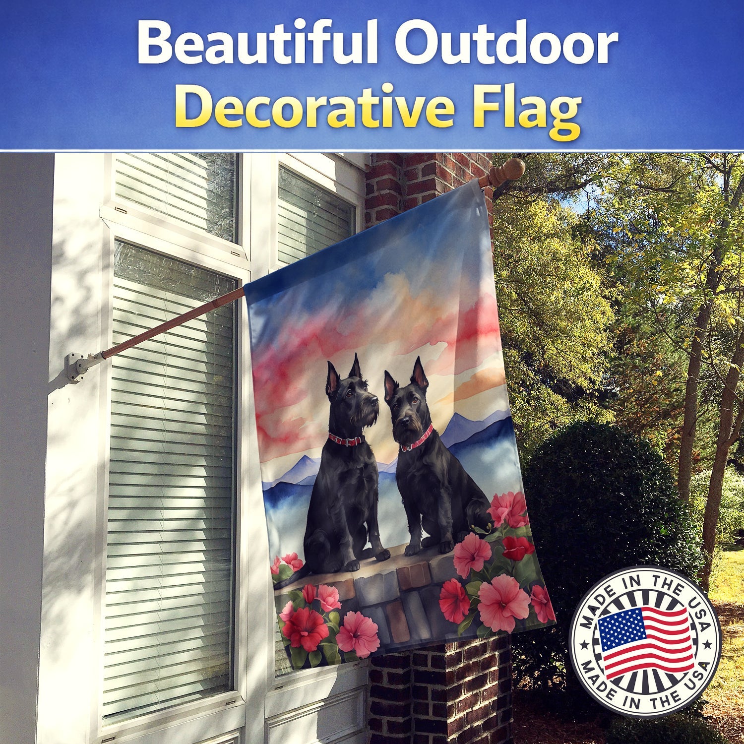 Scottish Terrier Two Hearts House Flag 28x40 Porch Sleeve Pole Decorative Outside Yard Banner Artwork Wall Hanging, Polyester