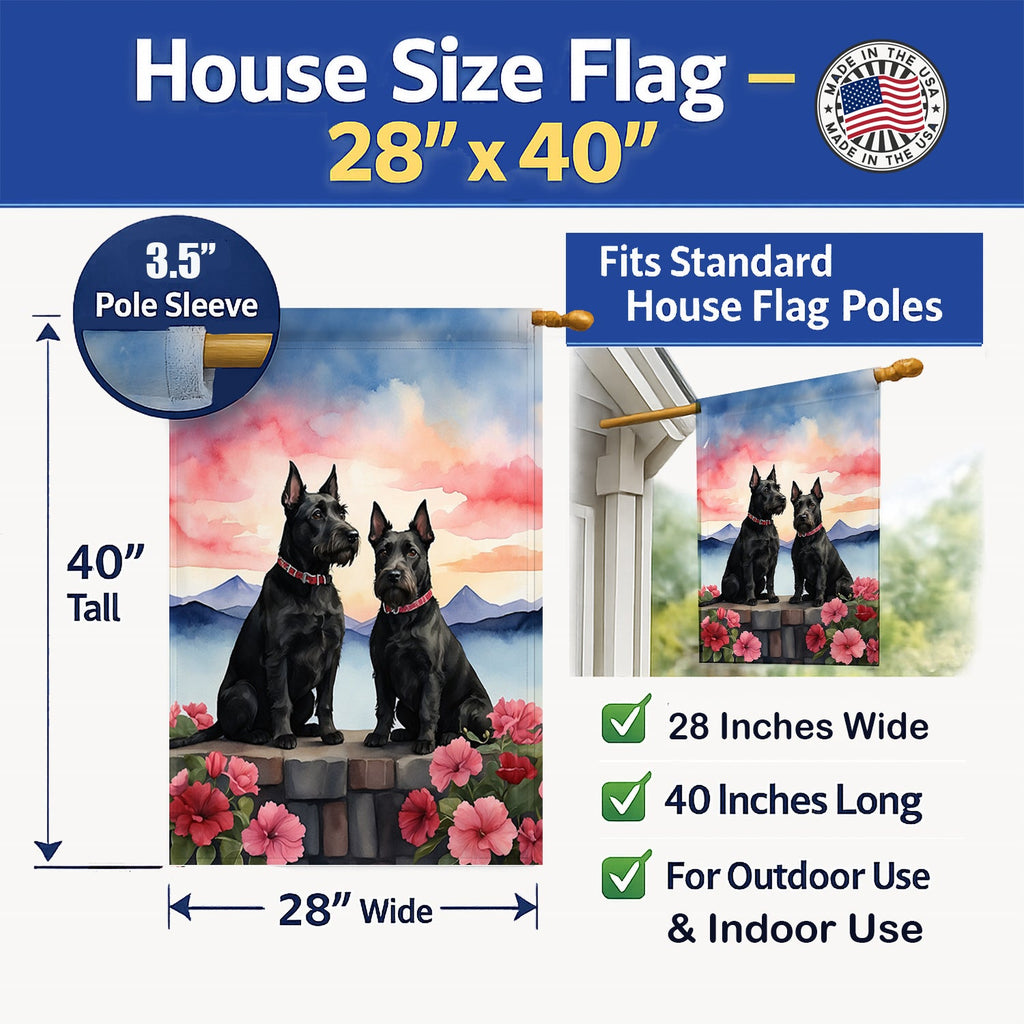 Scottish Terrier Two Hearts House Flag 28x40 Porch Sleeve Pole Decorative Outside Yard Banner Artwork Wall Hanging, Polyester