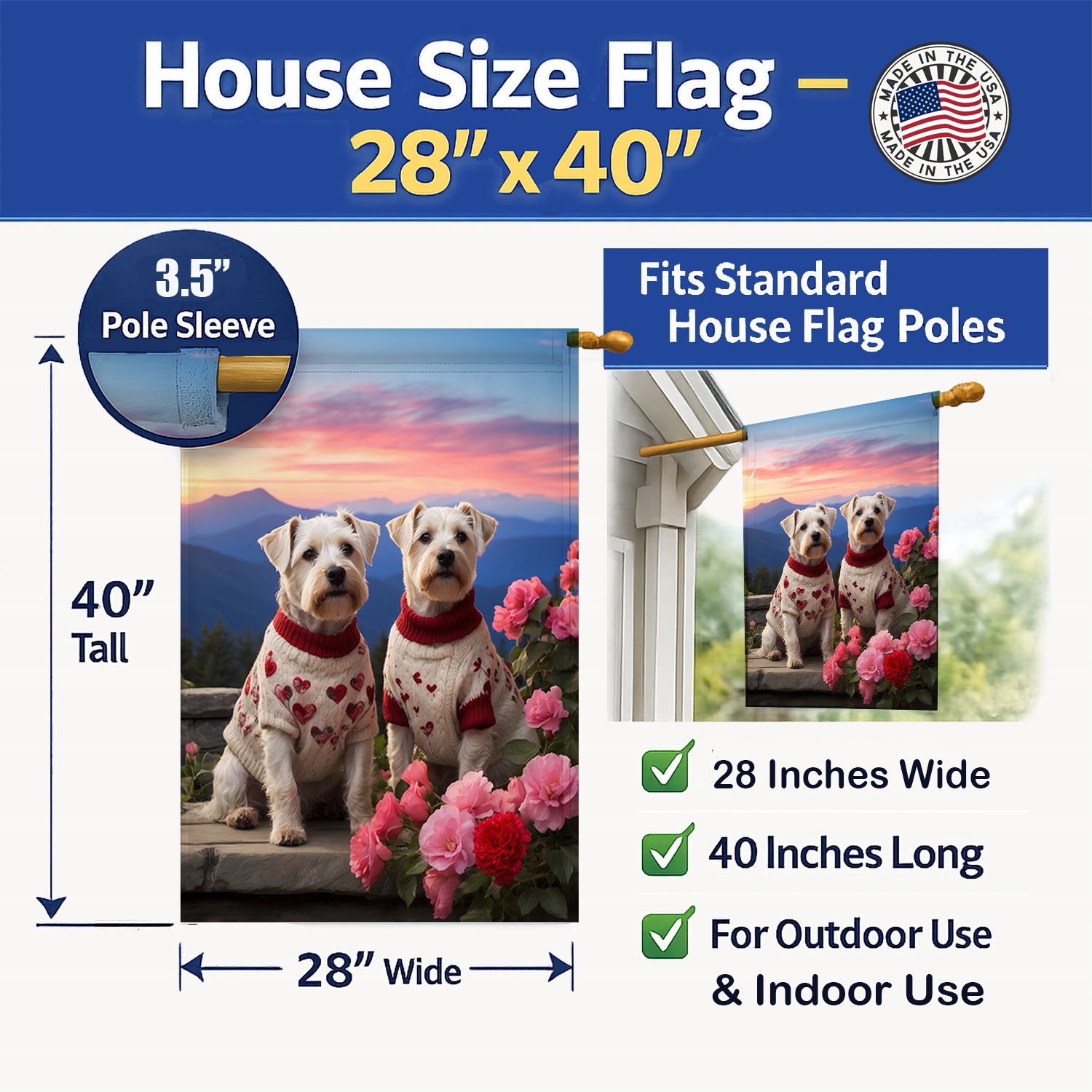 Sealyham Terrier Two Hearts House Flag 28x40 Porch Sleeve Pole Decorative Outside Yard Banner Artwork Wall Hanging, Polyester
