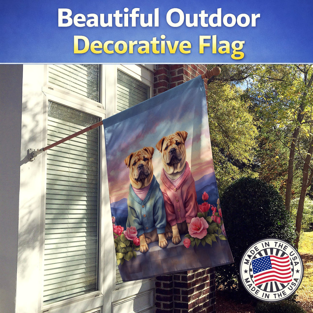Shar Pei Two Hearts House Flag 28x40 Porch Sleeve Pole Decorative Outside Yard Banner Artwork Wall Hanging, Polyester