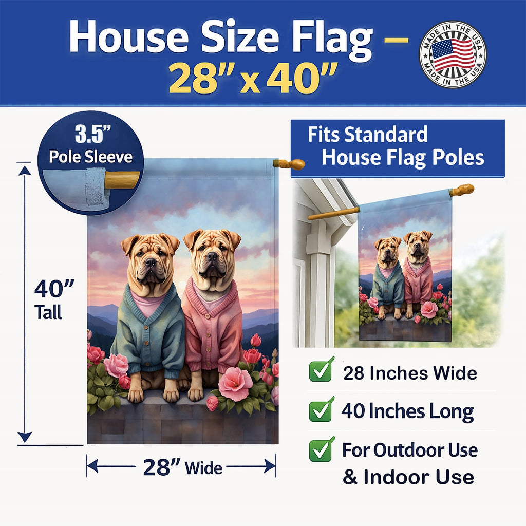 Shar Pei Two Hearts House Flag 28x40 Porch Sleeve Pole Decorative Outside Yard Banner Artwork Wall Hanging, Polyester