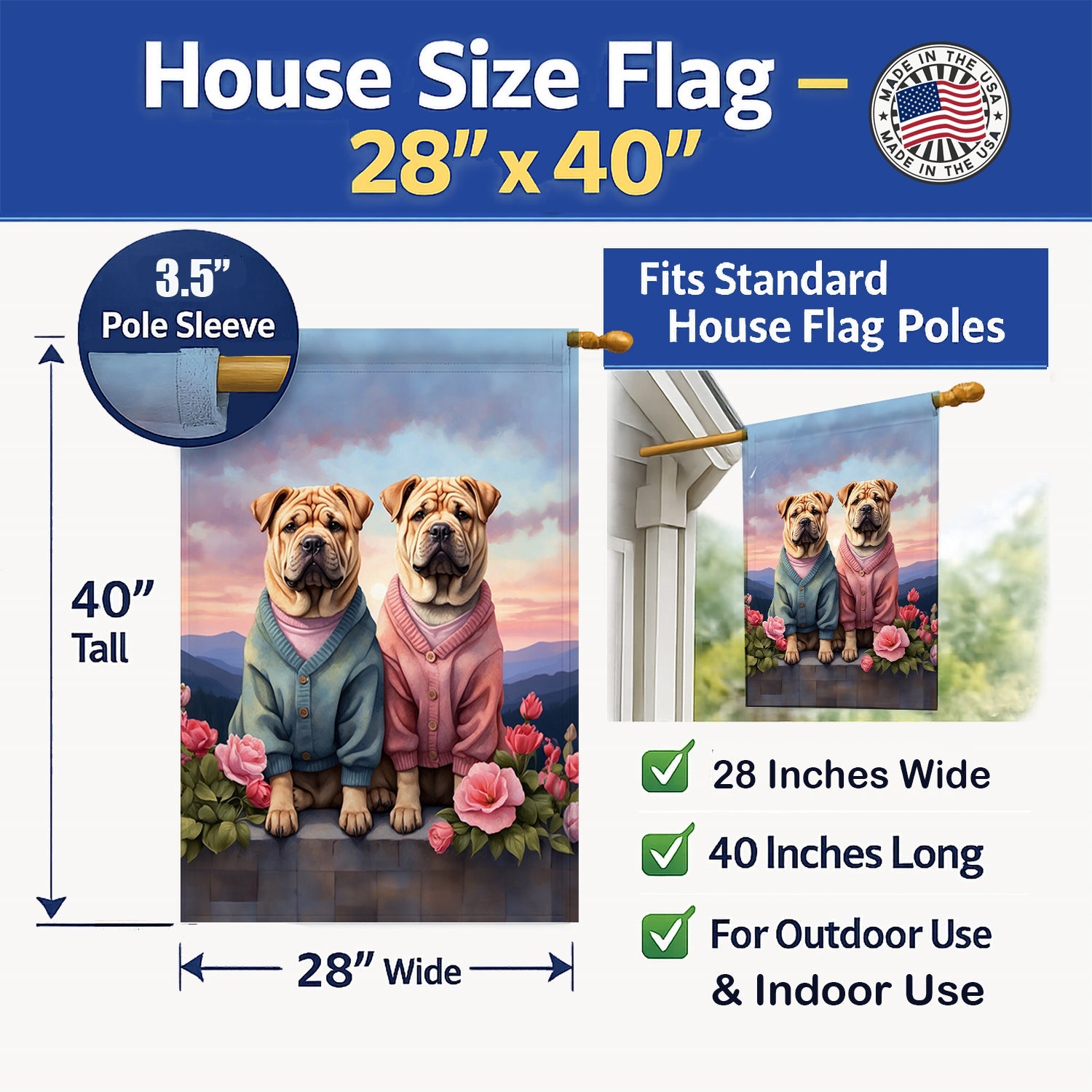 Shar Pei Two Hearts House Flag 28x40 Porch Sleeve Pole Decorative Outside Yard Banner Artwork Wall Hanging, Polyester