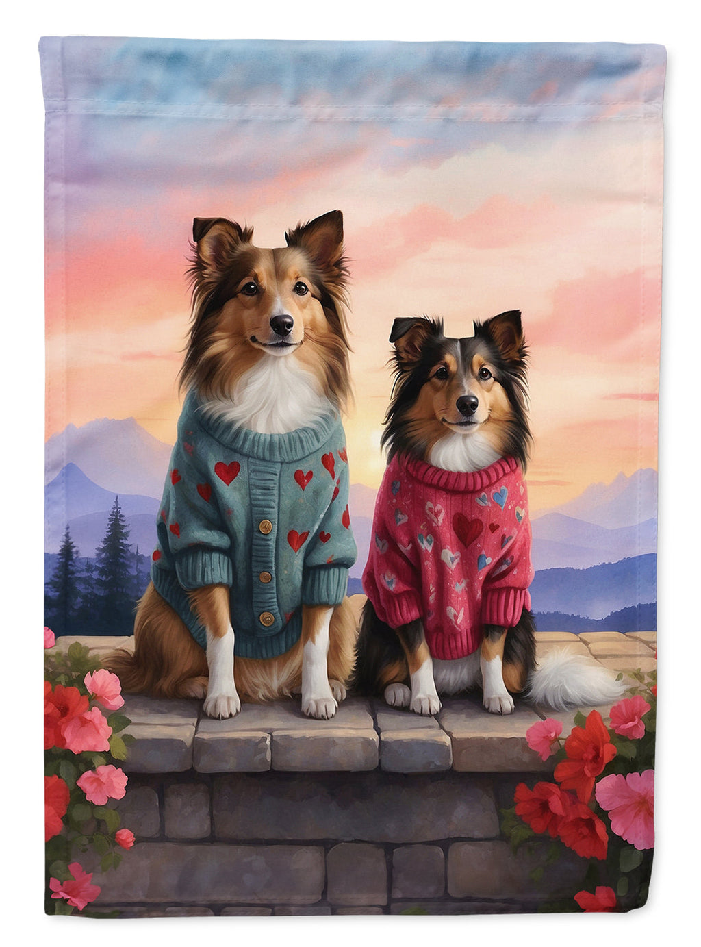 Sheltie Two Hearts House Flag 28x40 Porch Sleeve Pole Decorative Outside Yard Banner Artwork Wall Hanging, Polyester