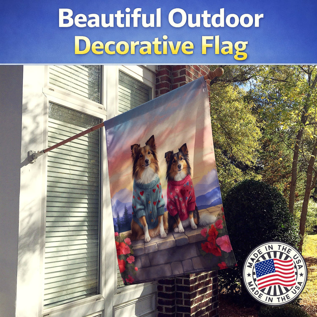 Sheltie Two Hearts House Flag 28x40 Porch Sleeve Pole Decorative Outside Yard Banner Artwork Wall Hanging, Polyester