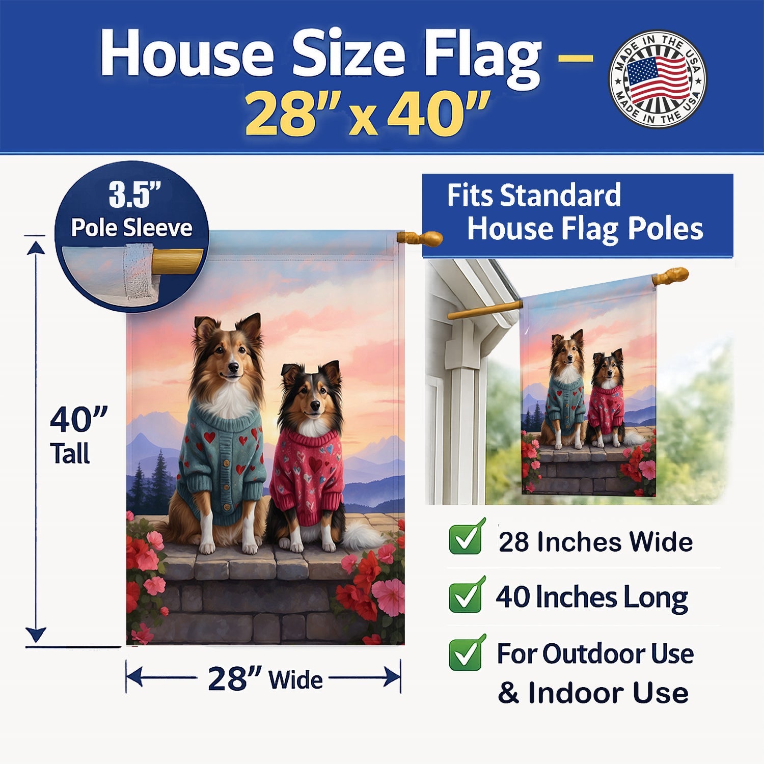 Sheltie Two Hearts House Flag 28x40 Porch Sleeve Pole Decorative Outside Yard Banner Artwork Wall Hanging, Polyester