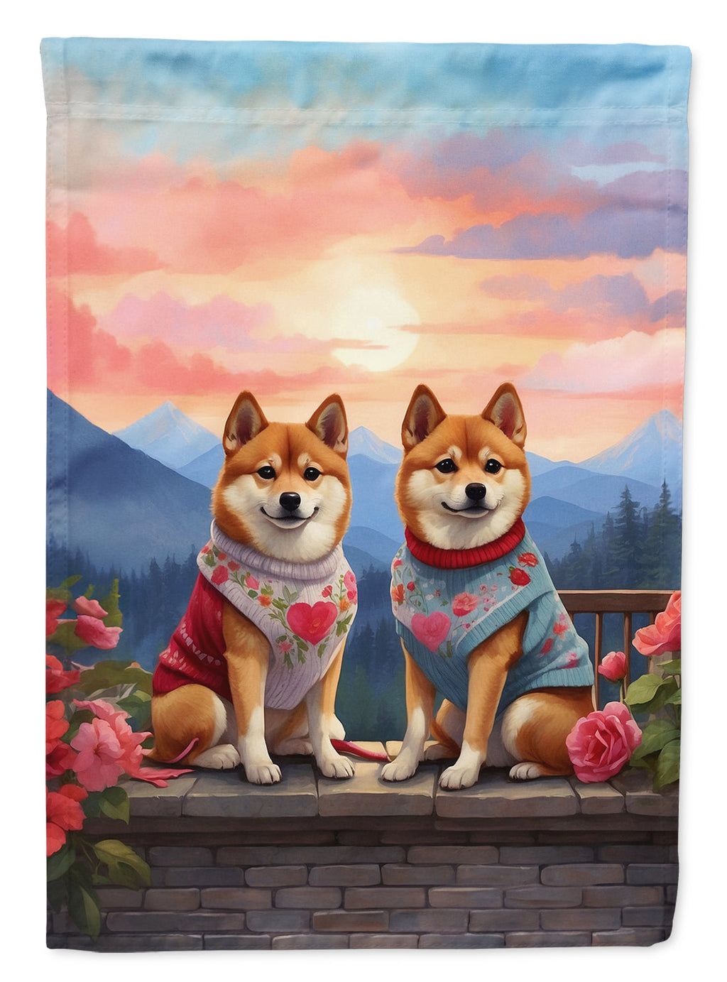 Shiba Inu Two Hearts House Flag 28x40 Porch Sleeve Pole Decorative Outside Yard Banner Artwork Wall Hanging, Polyester