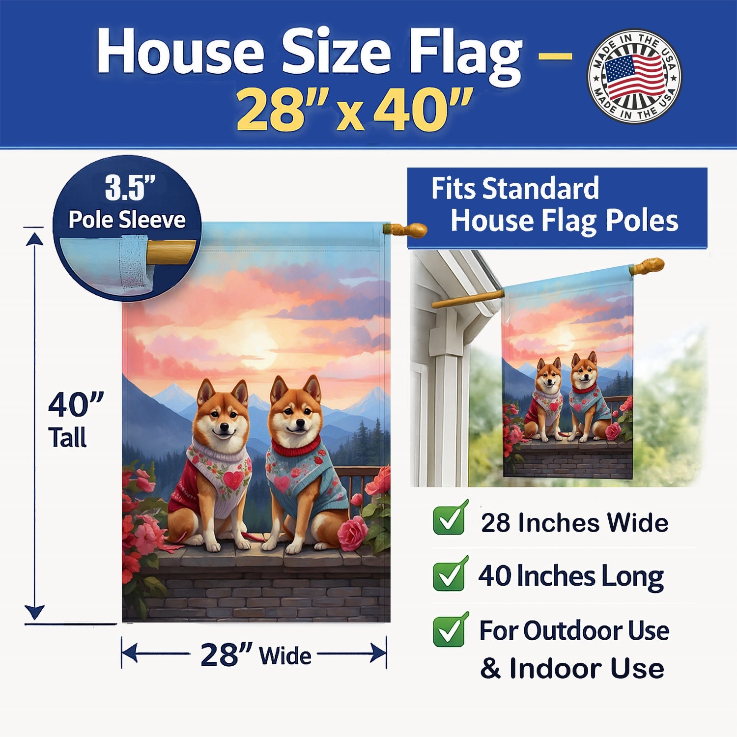 Shiba Inu Two Hearts House Flag 28x40 Porch Sleeve Pole Decorative Outside Yard Banner Artwork Wall Hanging, Polyester