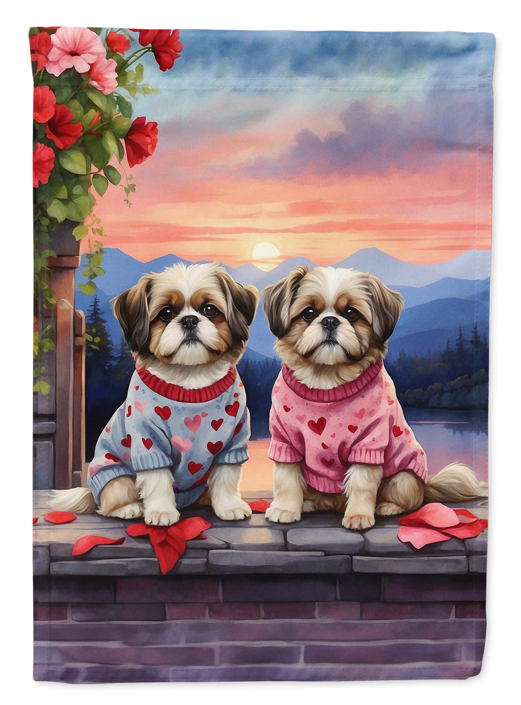 Shih Tzu Two Hearts House Flag 28x40 Porch Sleeve Pole Decorative Outside Yard Banner Artwork Wall Hanging, Polyester