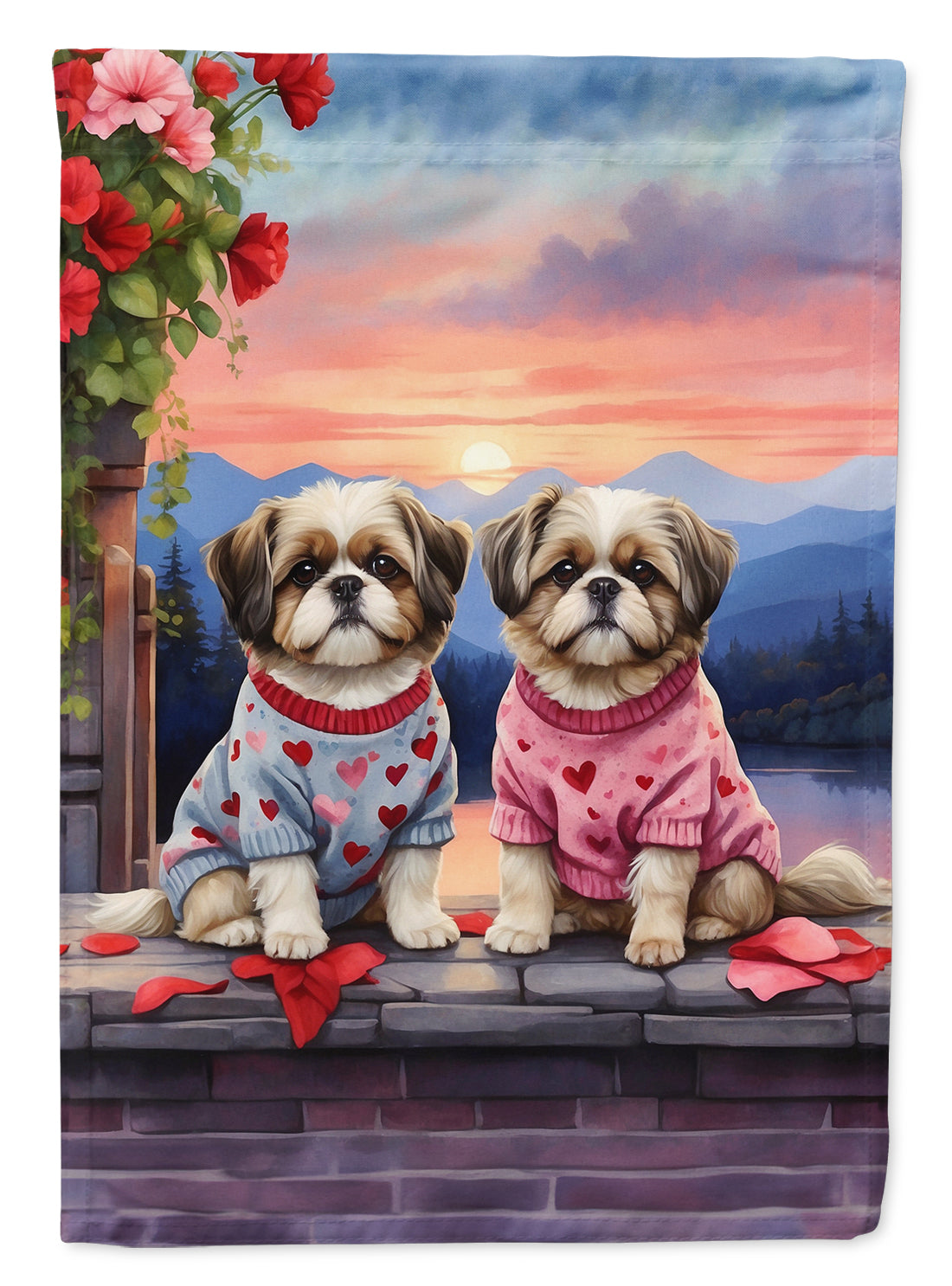 Shih Tzu Two Hearts House Flag 28x40 Porch Sleeve Pole Decorative Outside Yard Banner Artwork Wall Hanging, Polyester