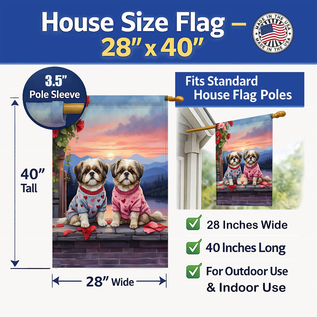 Shih Tzu Two Hearts House Flag 28x40 Porch Sleeve Pole Decorative Outside Yard Banner Artwork Wall Hanging, Polyester