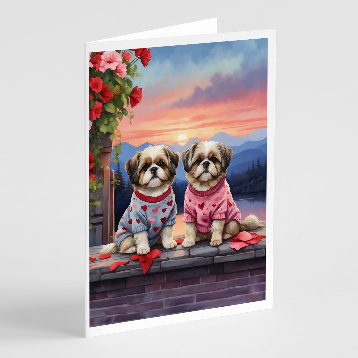 Shih Tzu Two Hearts Greeting Cards Pack of 8 Blank Cards with Envelopes Whimsical A7 Size 5x7