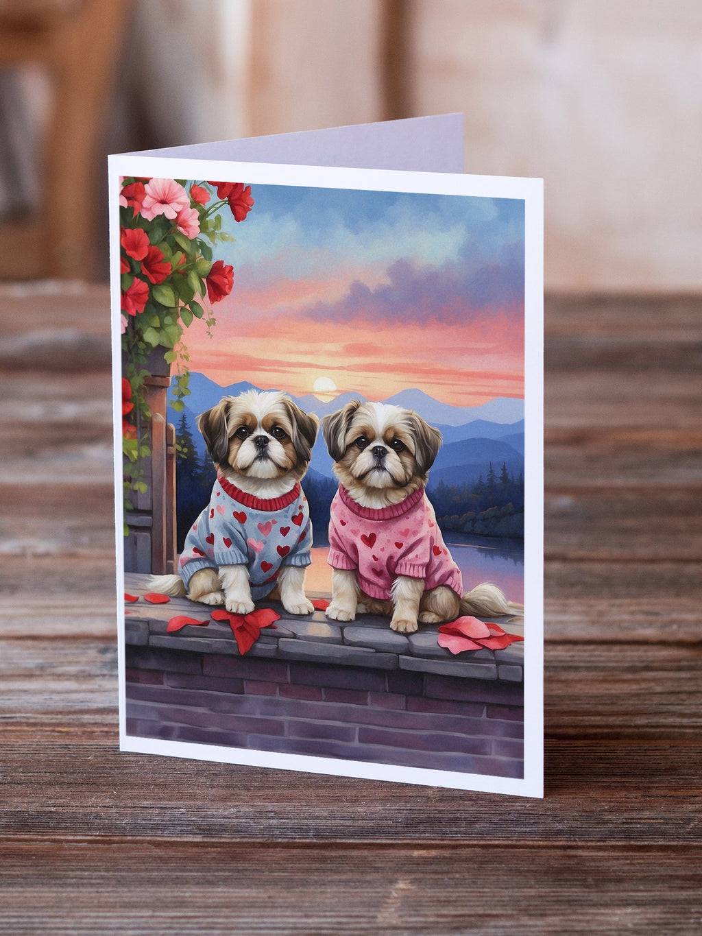 Shih Tzu Two Hearts Greeting Cards Pack of 8 Blank Cards with Envelopes Whimsical A7 Size 5x7