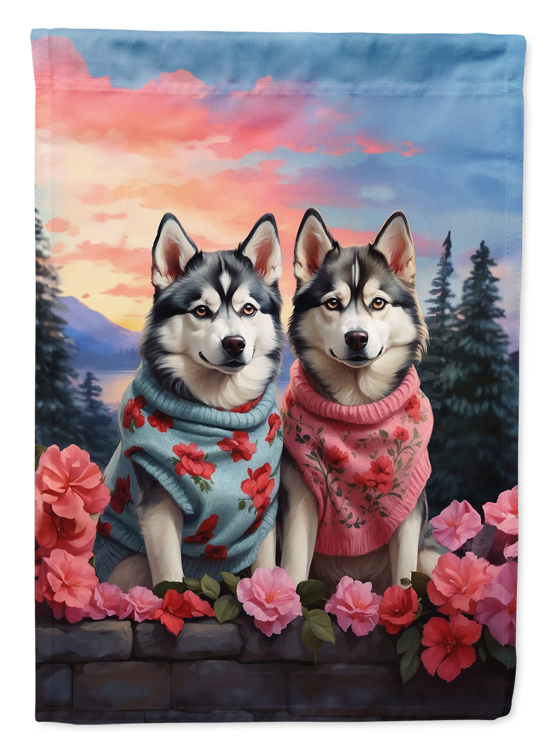 Siberian Husky Two Hearts House Flag 28x40 Porch Sleeve Pole Decorative Outside Yard Banner Artwork Wall Hanging, Polyester