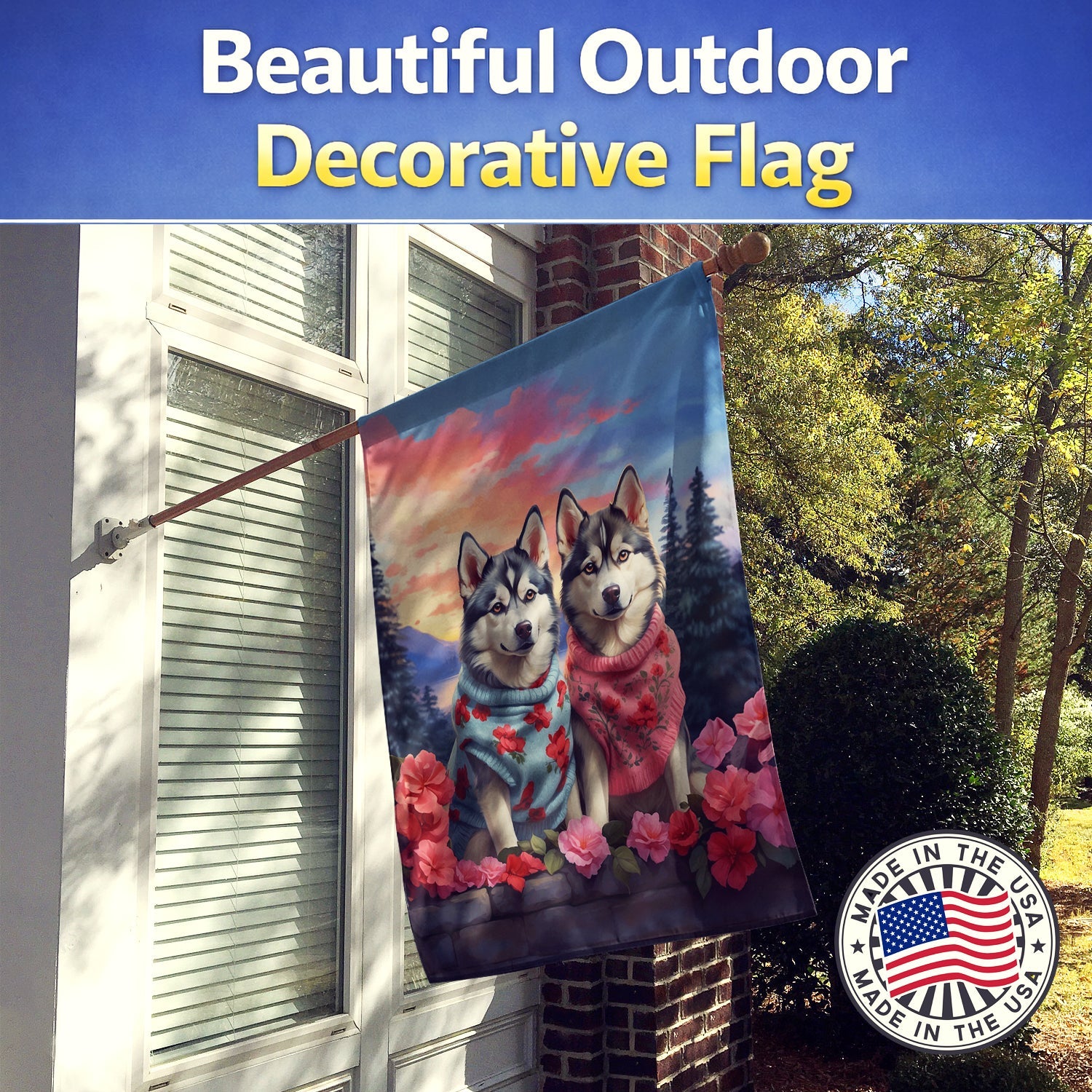 Siberian Husky Two Hearts House Flag 28x40 Porch Sleeve Pole Decorative Outside Yard Banner Artwork Wall Hanging, Polyester